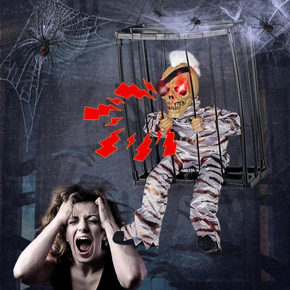 

Украшение на Хэллоуин, призрак заключенного в клетке, страшный череп, реквизит, электрическая игрушка-скелет, светящийся глаз, звуковая кукла, подвесной говорящий призрак