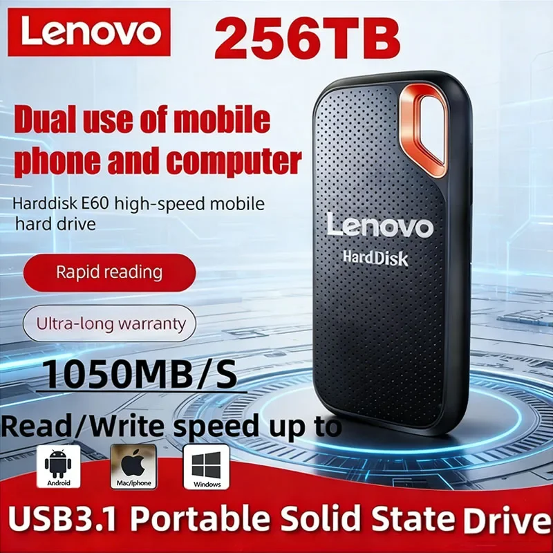 

Внешний жесткий диск Lenovo E60 256 ТБ, 2 ТБ, 8 ТБ, 128 ТБ USB 3.1 для ноутбуков и PS5 — высокоскоростное SSD-устройство хранения данных