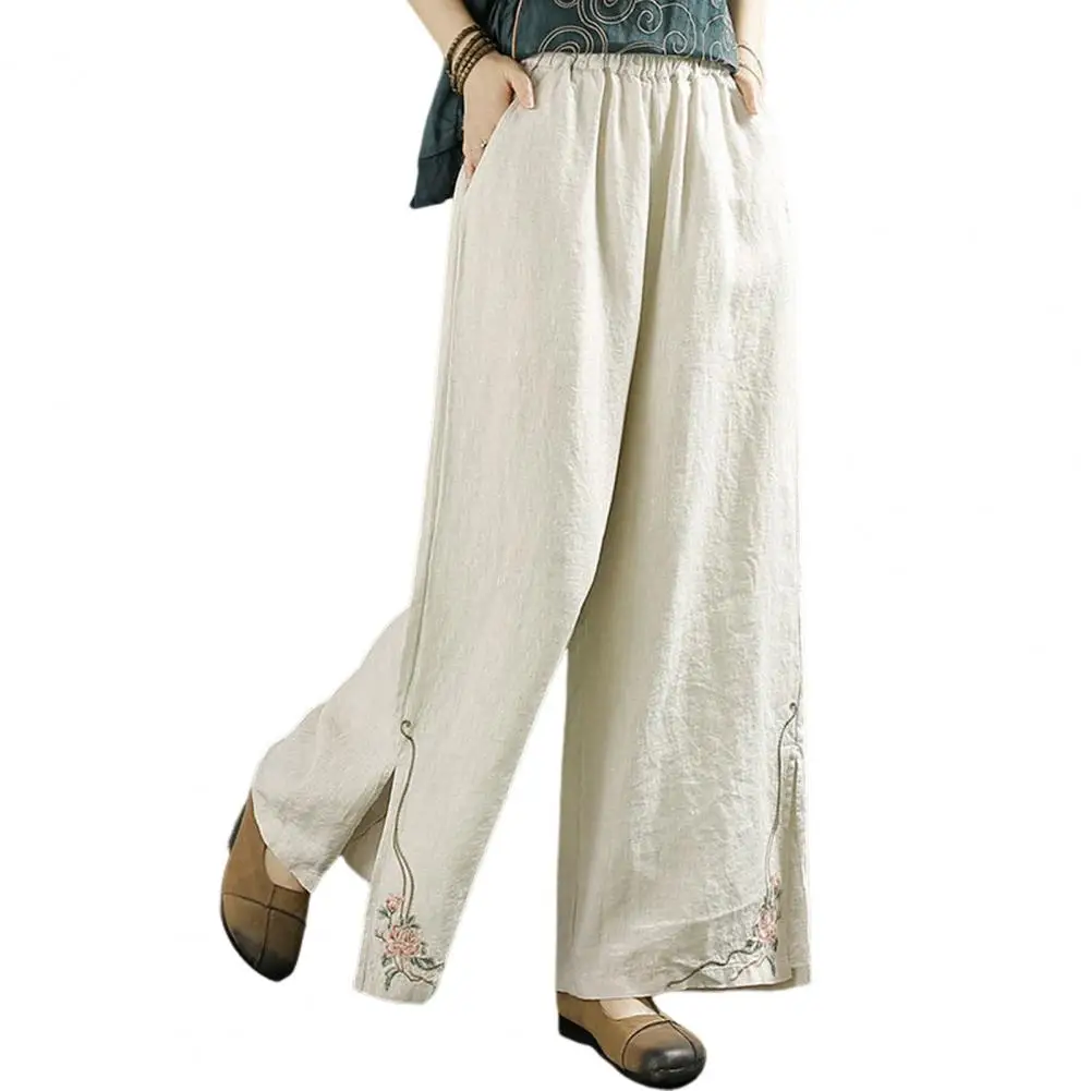 Women Casual Wide Leg Bottoms Stylish High Waist Women's Cotton Trousers with Embroidered Wide Leg Elastic Waist for Vacation