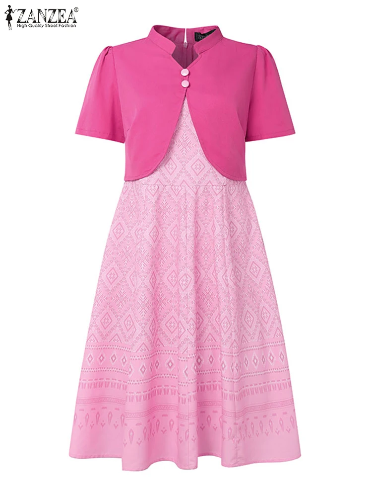 Vrouwen Boheemse Geometrische Print Patchwork Knielange Jurken ZANZEA Vintage Stand Kraag Korte Mouw Getailleerde A-lijn Gewaden Femme