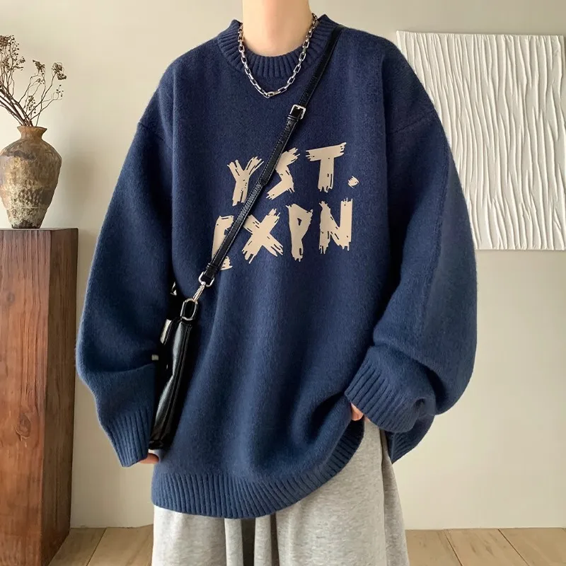

Мужской мягкий утепленный зимний свитер свободного кроя оверсайз с круглым вырезом и буквенным принтом, вязаный, удобный, повседневный, модный