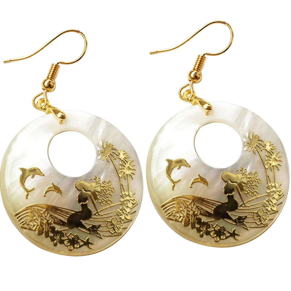 Beautiful Mother of pearl Shell Round Oval Art Women Men Dangle Earring PWFH623