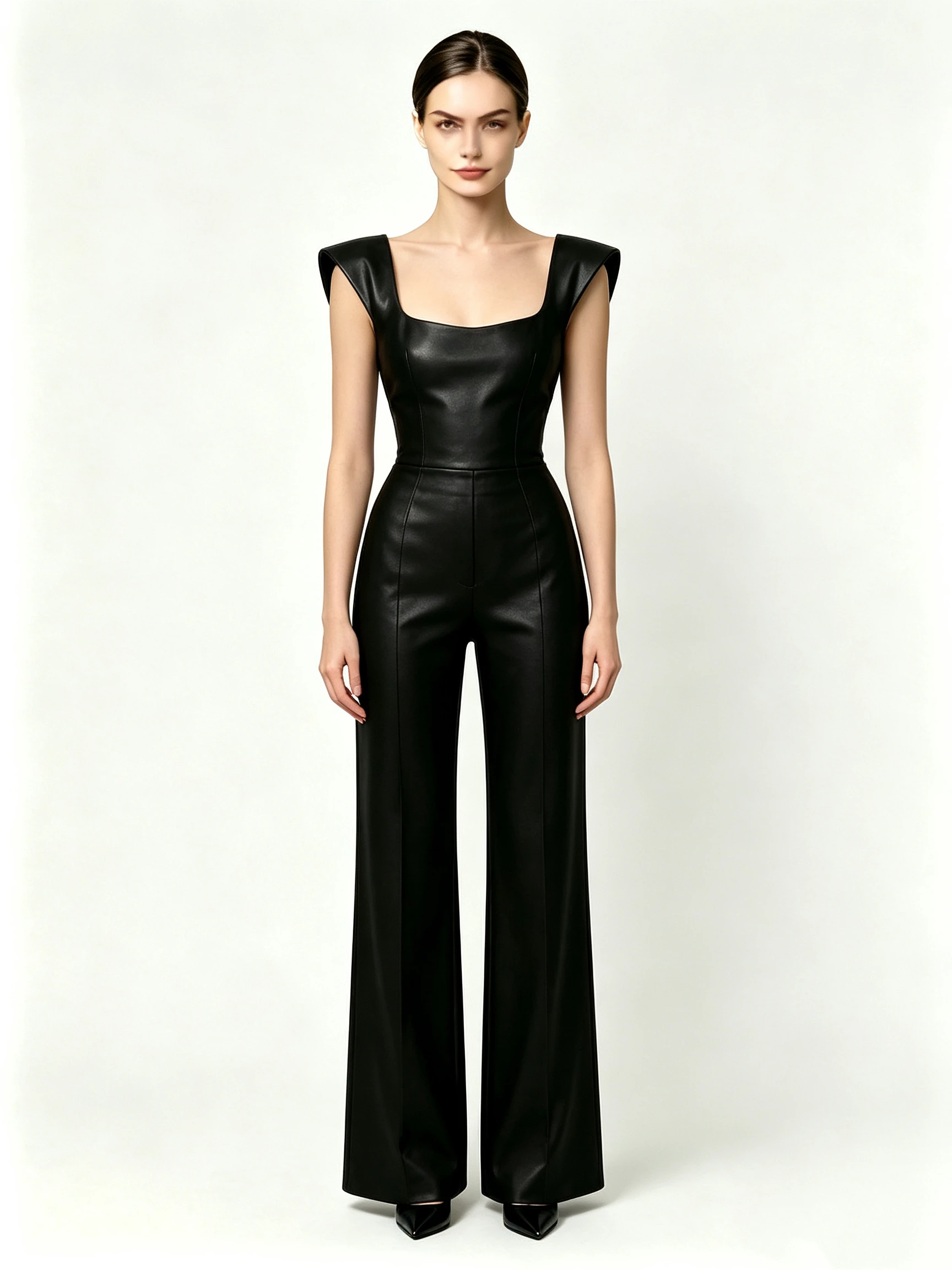 Avant-Garde Black One-Sleeve Leather Jumpsuit with Asymmetric Blazer Collar and Skinny Fit