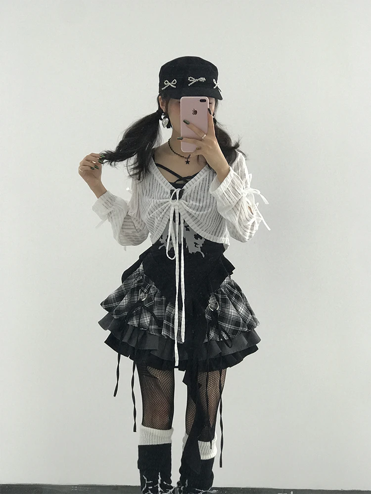 

Y2K Горячий комплект для похудения для девочек, женский ранняя осень, новый белый комплект на бретелях с внутренней юбкой, комплект футболок