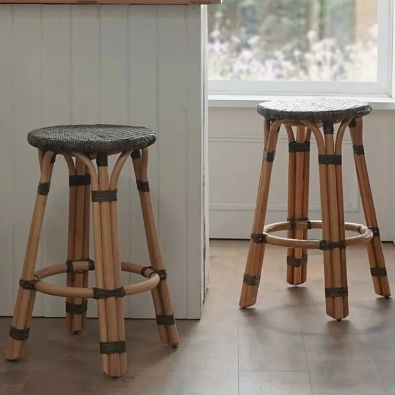 Rattan Bar Stools Single Person Home-made Solid Wood High Stool Living Room Use Retro Home Bar Chairs Simple Country Furniture