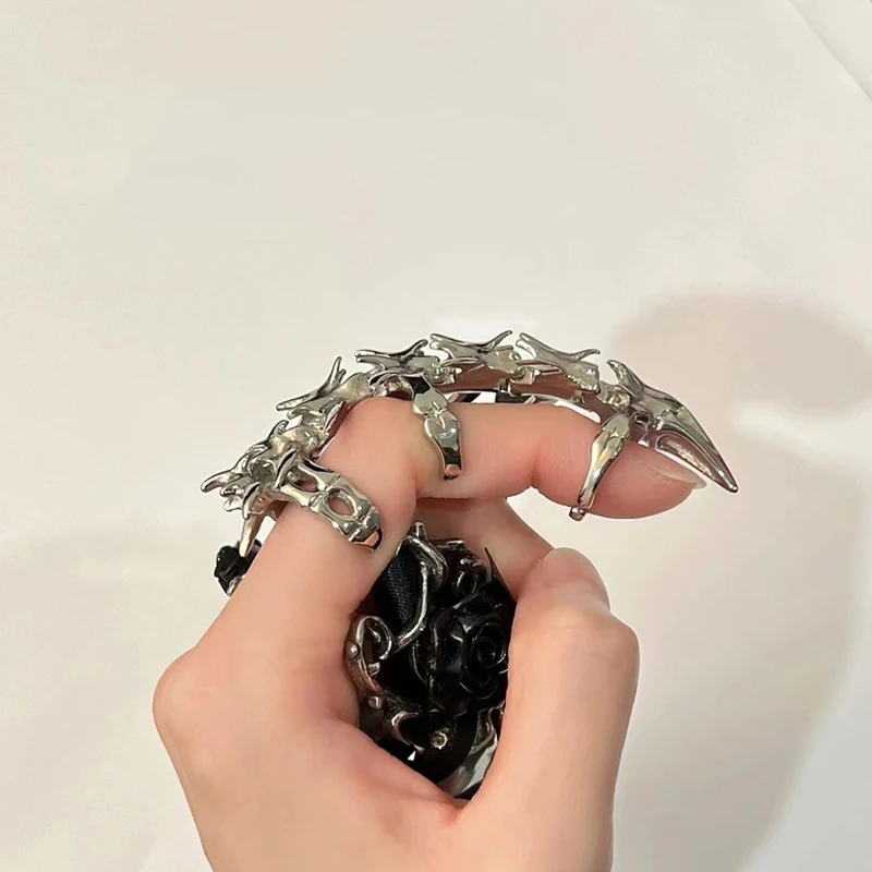 Cyberpunk Gothic Dragons Bone Knuckle Ring Cosplay Rings Unisex Alloy Silvery Adjustable Opening Jewelry Accessory Props Gifts