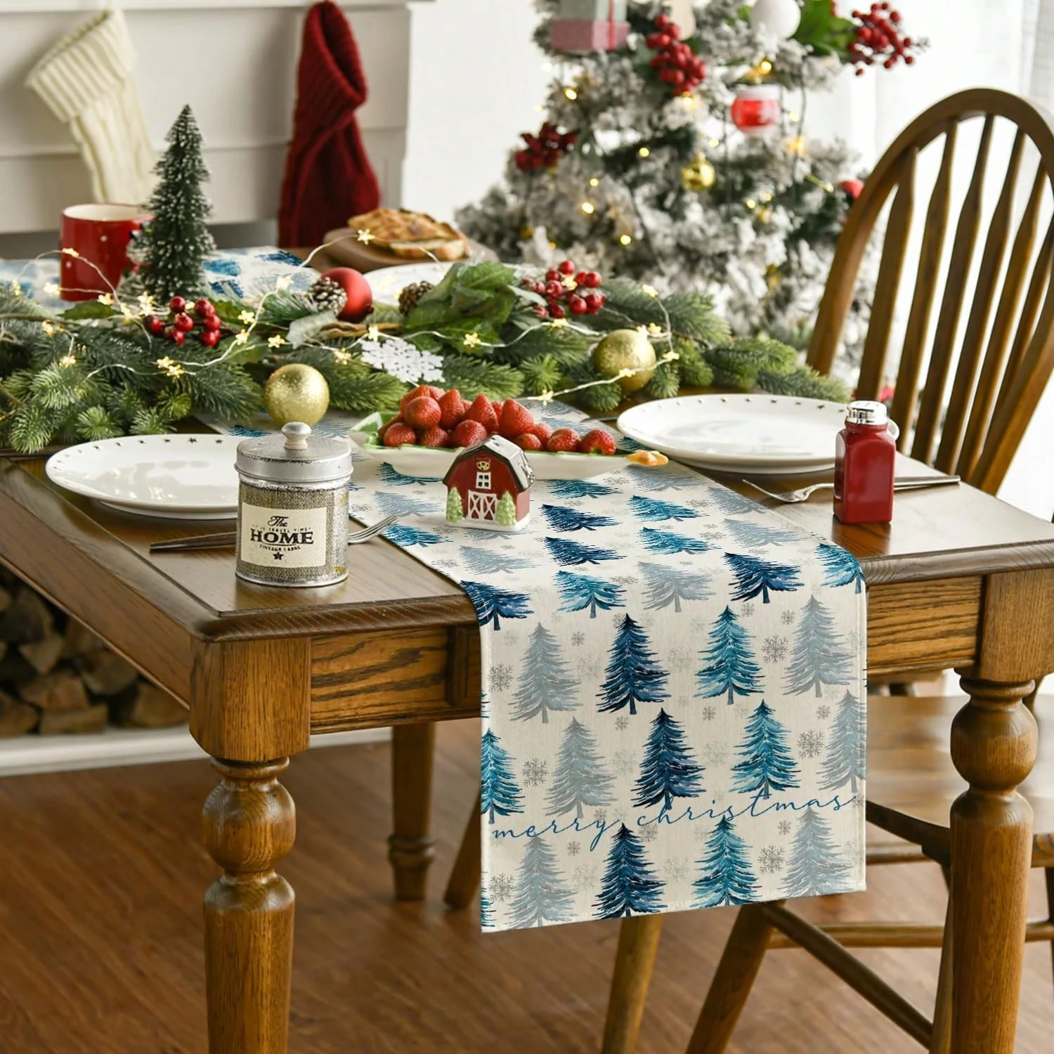 

1PC Christmas Table Runner - Christmas Tree & Snowflake Print, Blue Winter Style for Home Kitchen/Dining Party Decor