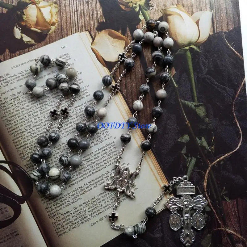 

367A Rosary Black Stone Beads Necklace with Jesus Crucifix for Cross Pendant Necklaces Religious Prayer Gifts for Men Women