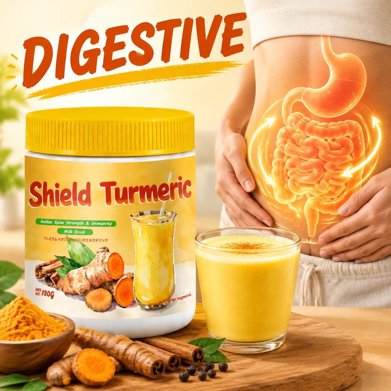 Golden Turmeric Milk Powder, Supports Immunity & Digestive Comfort, with Turmeric, Ginger, Cinnamon & Black Pepper, 180g 10 Serv