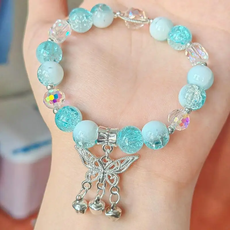 Lovely Women Hand Bracelets Butterfly Heart Bell Tassel Lock Ice Cracked Beaded Glass Beads Stretch Bangle Student Jewelry 1164 image 4