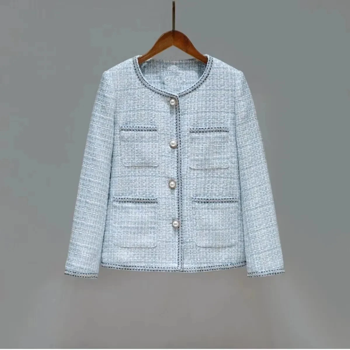 

Temperament Celebrity Fragrant Wind Sky Blue Short Coat Women's 2023 Spring Autumn Woven Round Neck Slim Fit Jacket