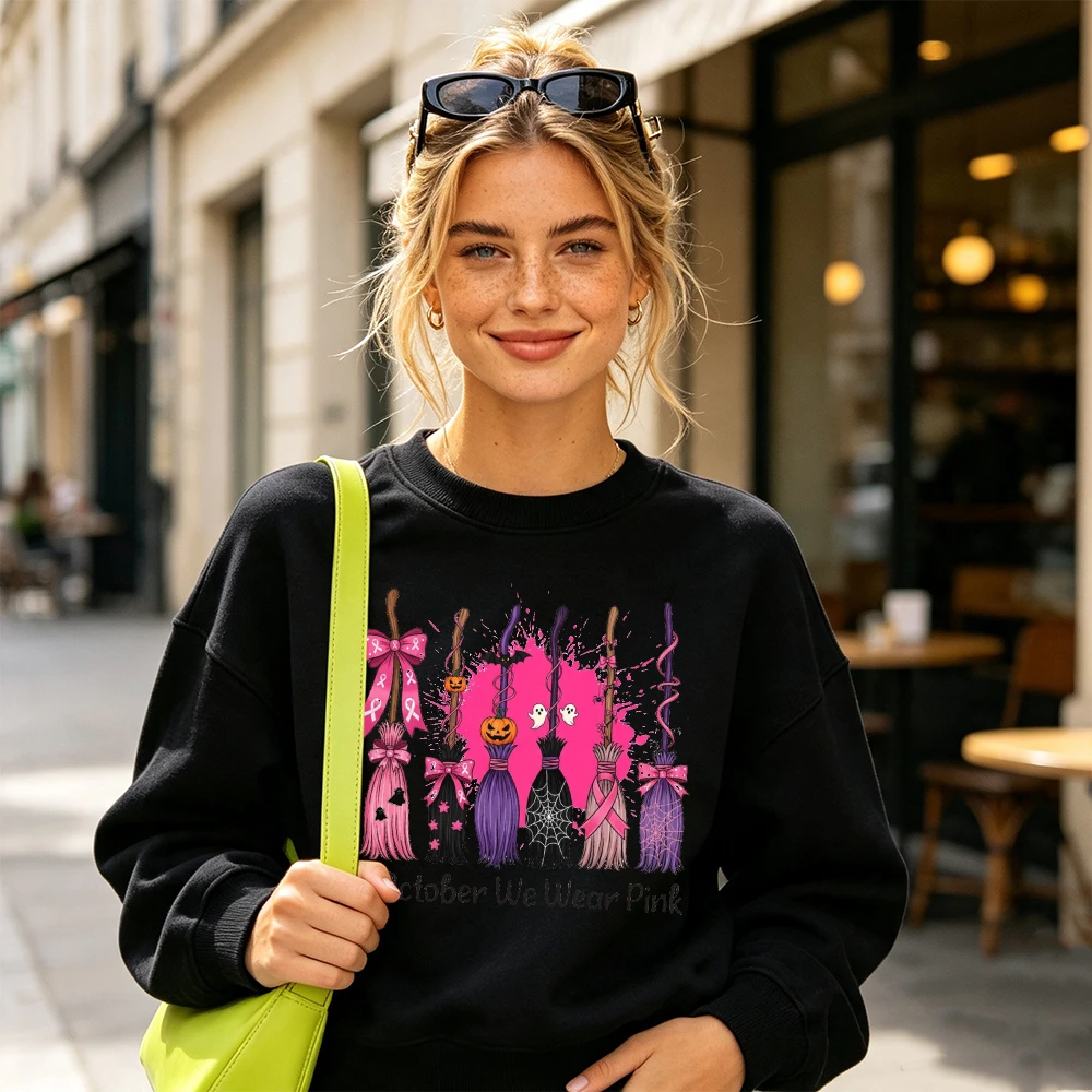 Graphic Hoodie Streetwear - 不気味な魔女ほうきピンクリボングラフィックスウェットシャツ女性秋ストリートカジュアル長袖クルーネックプルオーバートップス