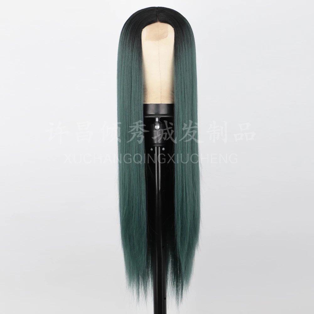 باروكة متوسطة، شعر مستقيم طويل متدرج باللون الأسود والذهبي، غطاء شعر مستعار صناعي صغير من الدانتيل، مناسب للنساء اليومي #5