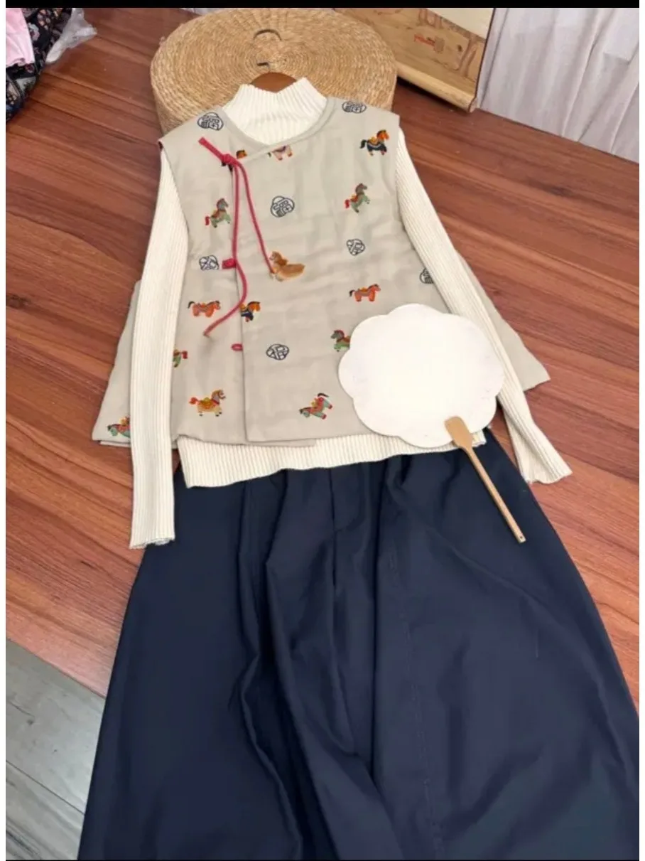 

Ele Aosphere Cotton Liner Printed Vest High Collar Button up Chinese Sle Women's Jaet Linen Material Regular Fit