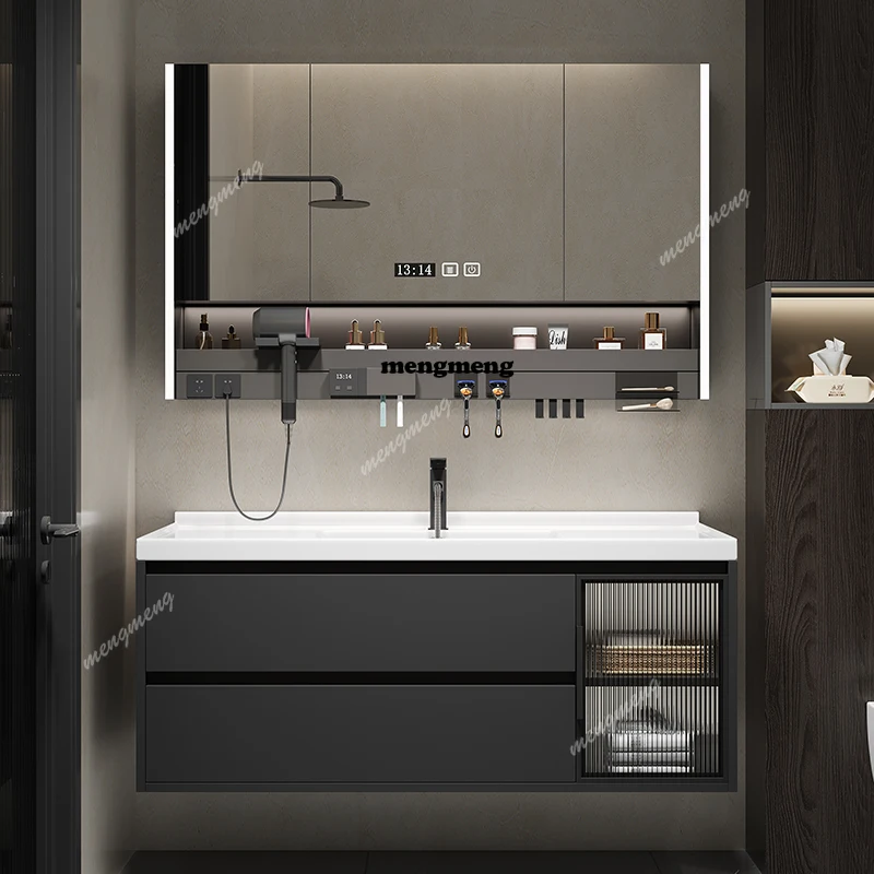 Modern simple smart bathroom cabinet combination solid wood bathroom ceramic integrated basin washing table set