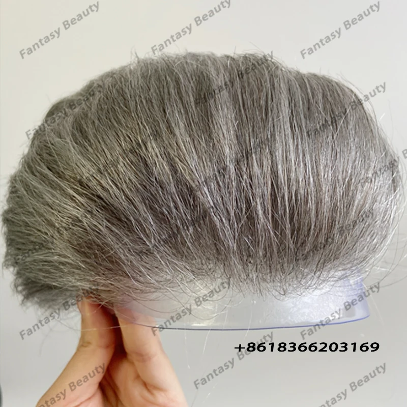 Grey Men Natural Hairline Toupee 100% Human Hair Wave Full Skin Base Durable 1B65 Old Man Hairpieces Prosthesis Capillary Real