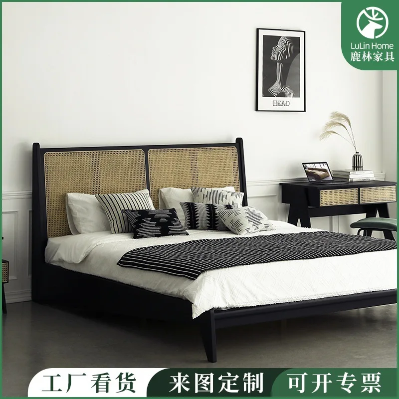 

Современный минималистичный классический черный дизайн для спальни, каркас из ротанга и ясеня, двуспальная кровать 1,8 м, односпальная кровать 1,5 м