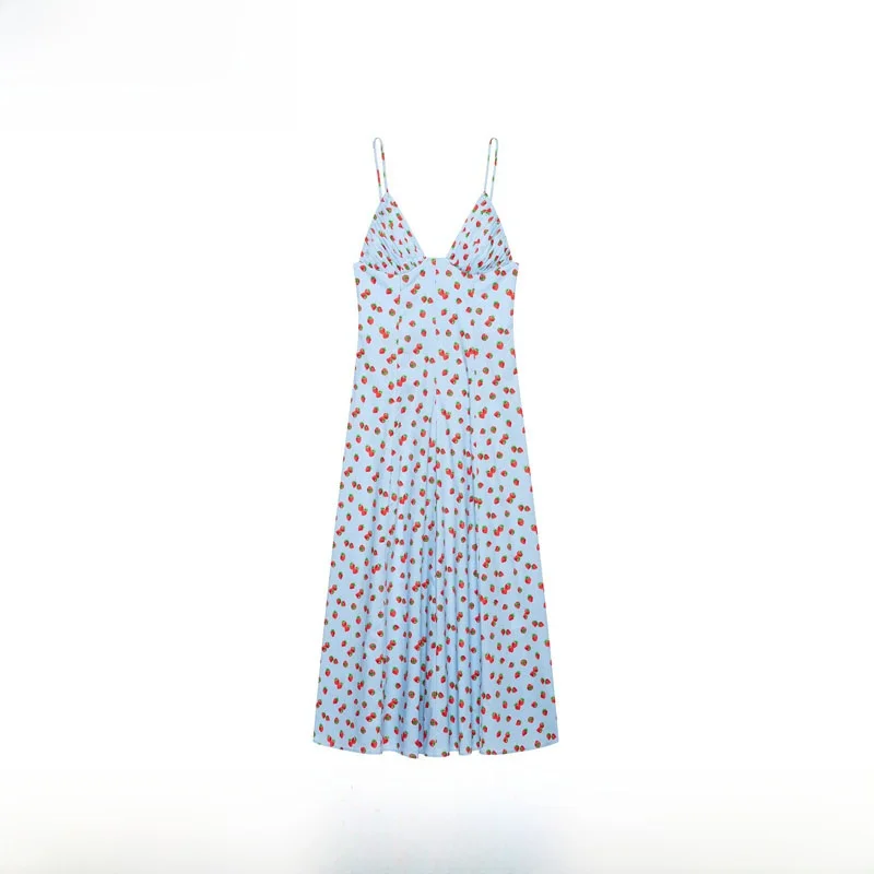 Spring Summer New Arrival Women's Fashionable Versatile V-neck Strawberry Print Strapless Dress Polyester Fiber A-line Skirt