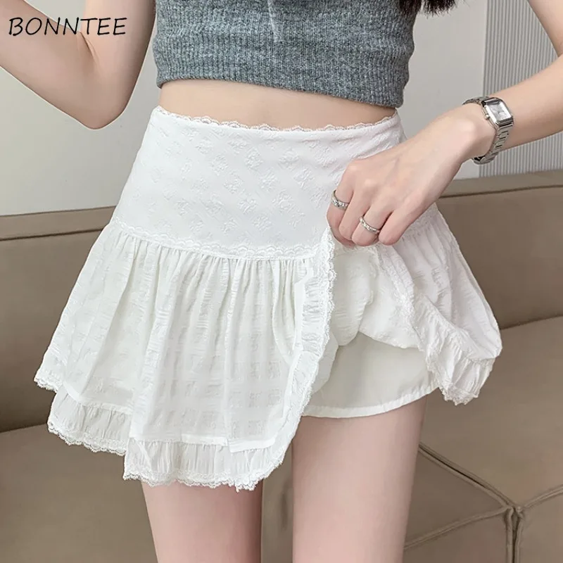 Mini Gonne Donna Pieghettato Patchwork di pizzo Estate Moda coreana Vita alta All-match A-line Solid Fairy Semplice Faldas Y2k Chic