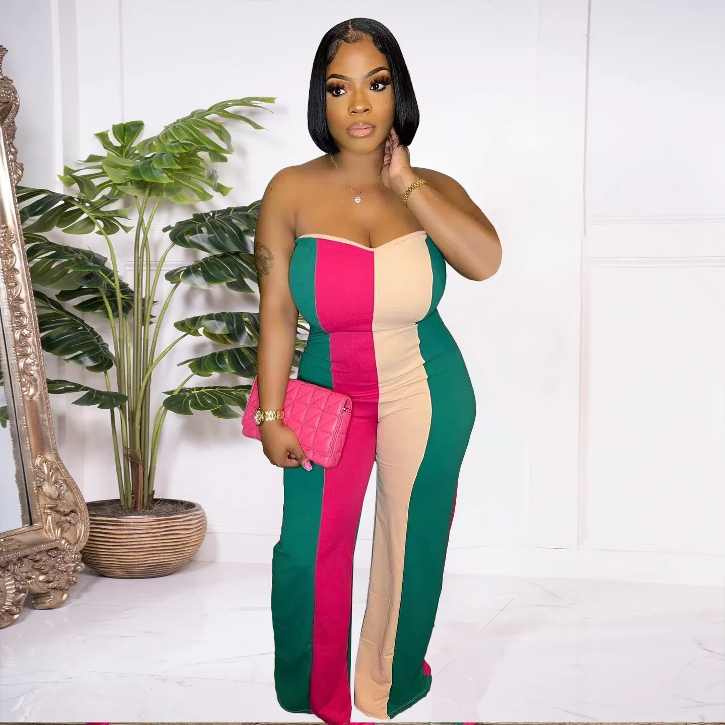 Y5251 المرأة بلا أكمام الطباعة الرقمية بوستير واسعة الساق بذلة أزياء تصميم تحديد المواقع مثير #2