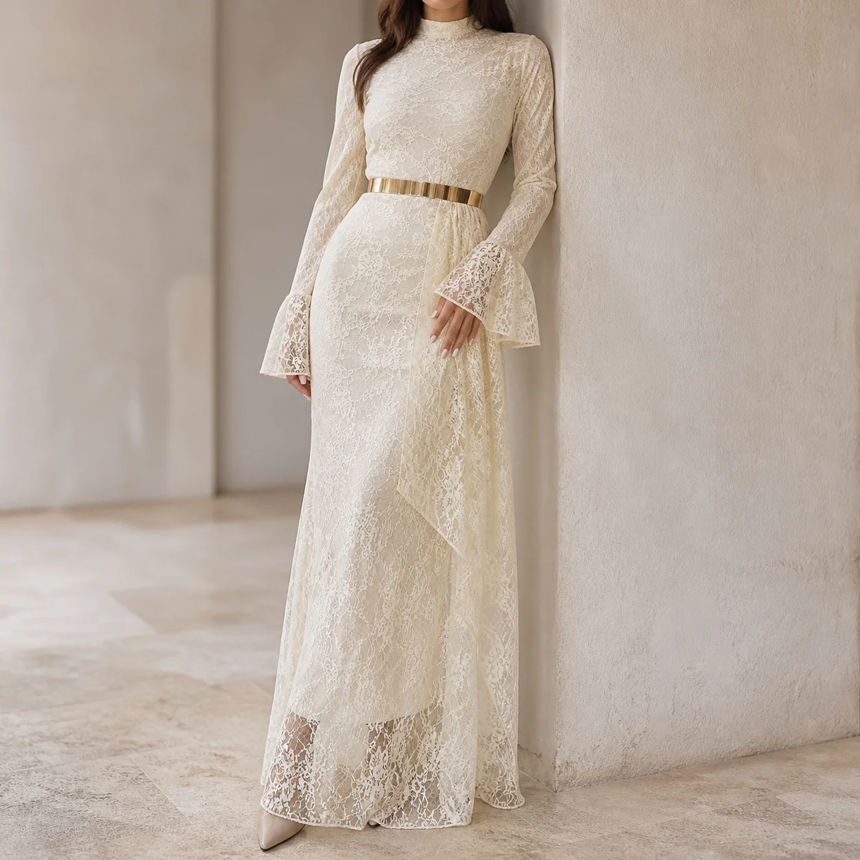 Women's Elegant Lace Bodycon Dress Long Sleeve V Neck High Waist Slim Fit Solid Color for Wedding Guest Prom Party Wedding Party