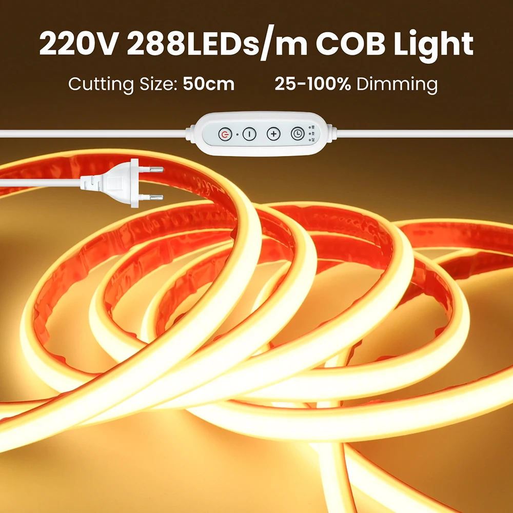 Dimmable COB LED Strip Light 220V Adhesive Tape Timable Dimmer Switch Power Kit 288 LEDs Linear Lighting Flex Silicone Tube Lamp