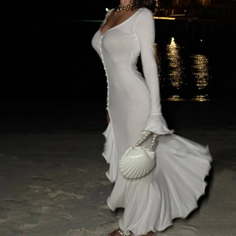 Sexy Dünnes Langes Kleid Frühling Sommer Einfarbig Modische Elegante Frau Kleidung Lange Ärmel V-ausschnitt Glocke Ärmeln Vestidos