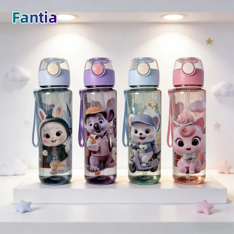 

700ml BPA-Free High Temperature Resistant Portable Outdoor Water Bottle Cartoon Animal Plastic Straw Water Cup with Hand-held