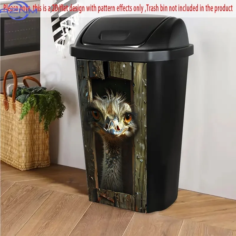 Ostrich Peeking Through Wooden Door Self-Adhesive Dustbin Sticker, 37.01x81.99 cm, PVC Trash Can Decorative Sticker for Farm-T