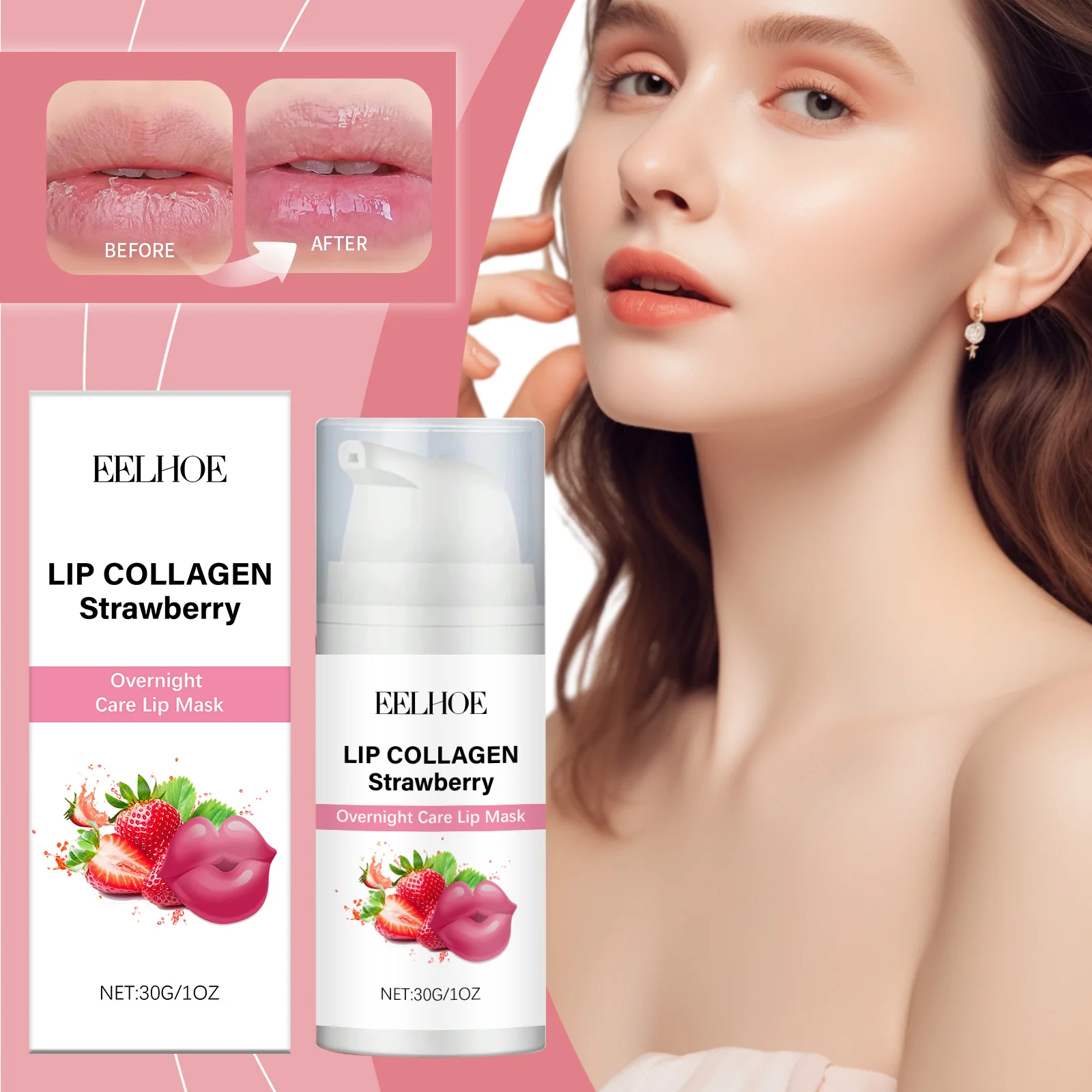 Maschera notturna al collagene labbra alla fragola - Trattamento labbra rimpolpante e idratante - Maschera per dormire labbra vegana