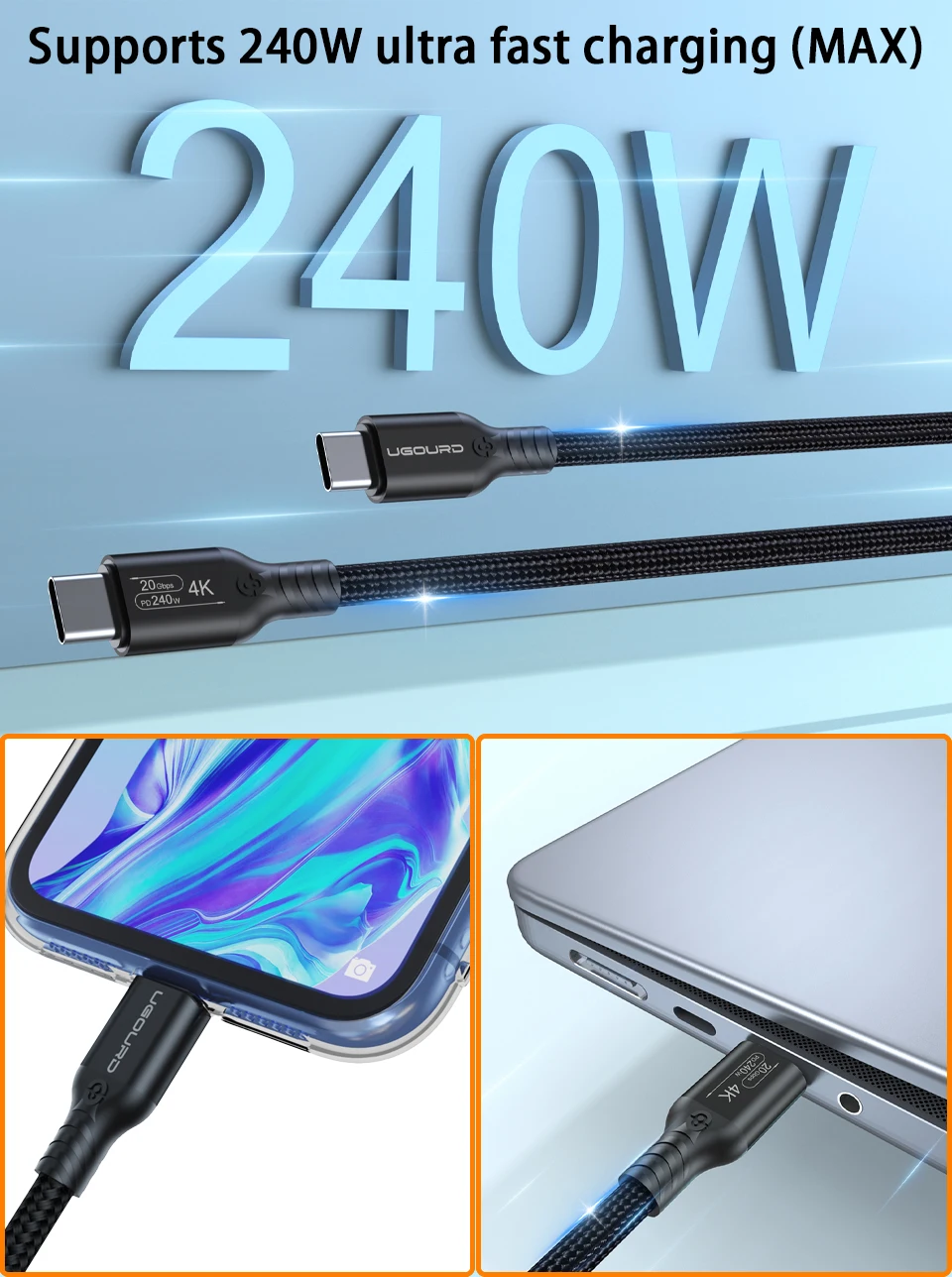 UGOURD USB3.2 20Gbps Typ-C zu Typ-C Kabel 240W Schnellladekabel USB-C SSD Festplattenkabel USB3 0,2m -3m 5m für MacBook iPad – Detail 2