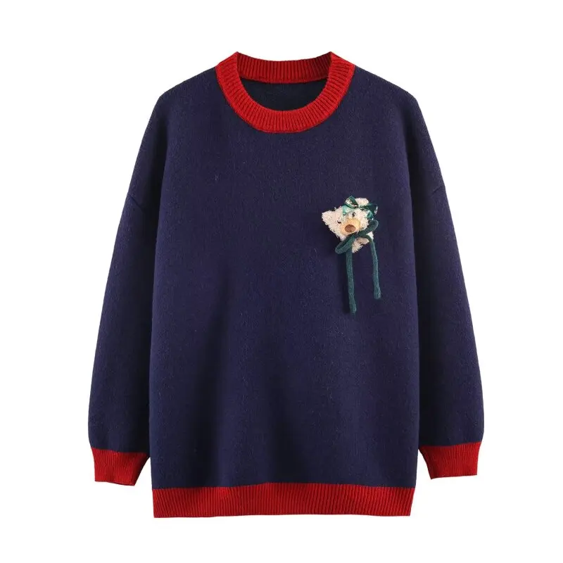 

Women’s Christmas Collection Round Neck Oversized Pullover Knit Sweater 3D Doll Decor Fashion Casual Wear Holiday Outfit