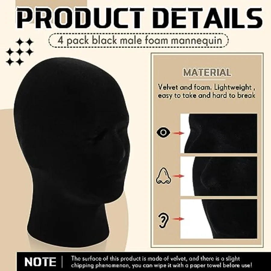 4개 블랙 마네킹 헤드 스탠드 모델 남성 가발 디스플레이 모델 벨벳 폼 마스크 디스플레이 스탠드 헤드셋 마운트 마네킹 헤드 또는 위