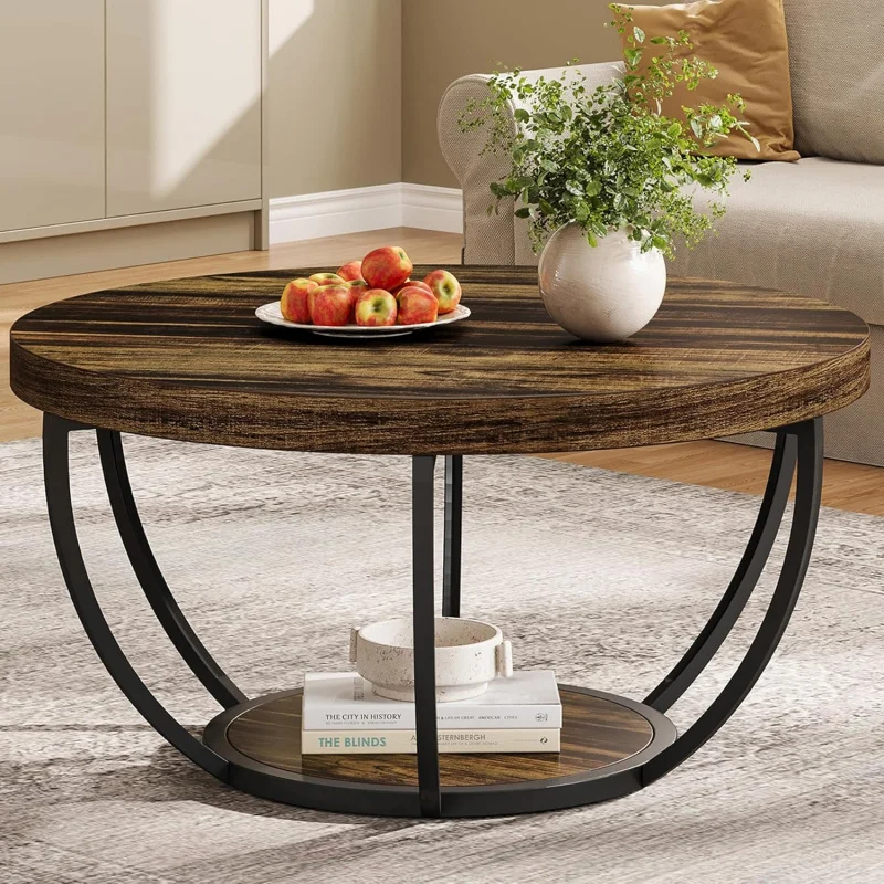 

Round wooden 2-tier coffee table with storage shelves. Modern accent cocktail living rooms. Rustic brown.
