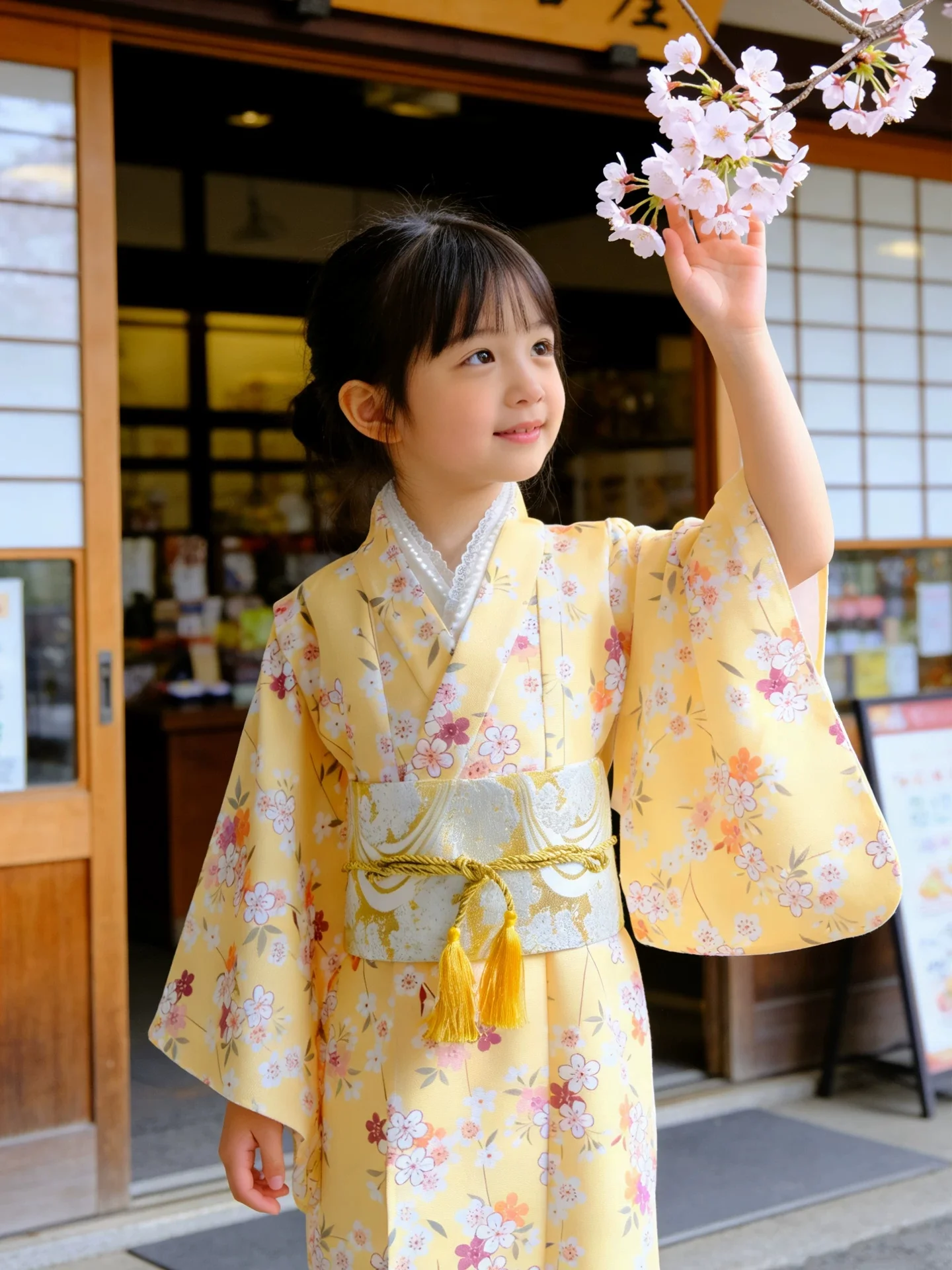 Kimono Tradicional Japonés para Niñas, Color Amarillo, Estampados Florales, Yukata, Vestido para Actuaciones Escénicas, Disfraz COS