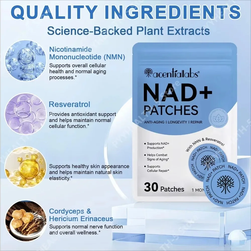 Acentiallabs NAD+ Patches Transdermal with NMN & Resveratrol, Supports NAD+ Production and Antioxidant Support, 30 Patches