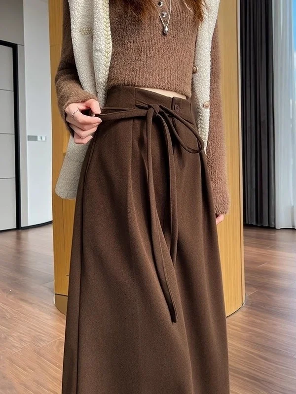 

Thiened Woolen Wide Leg Pants Women's Spring Autumn Winter High Waist Straight Cut Tied Belted Commuter Casual Trousers