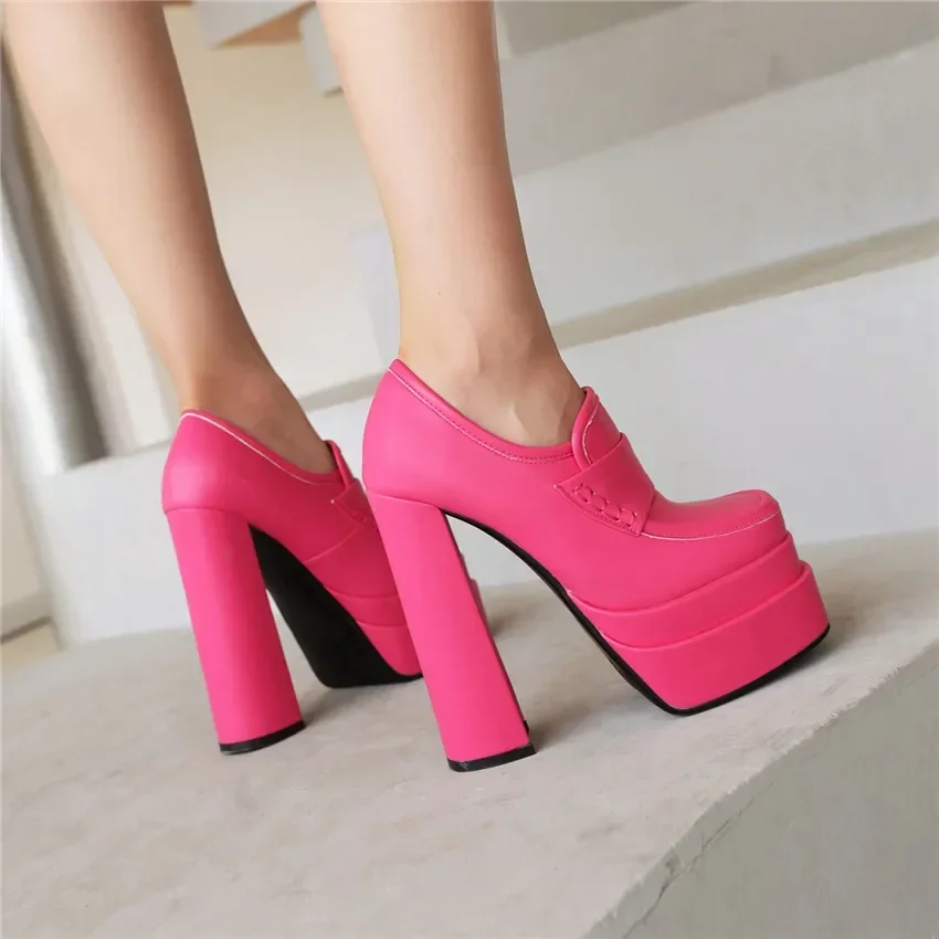 Women High Chunky Heel Platform Pumps Rosy Pink White Microfiber Party Club Lady British Slip-on Square Toe Thick Bottom Loafers