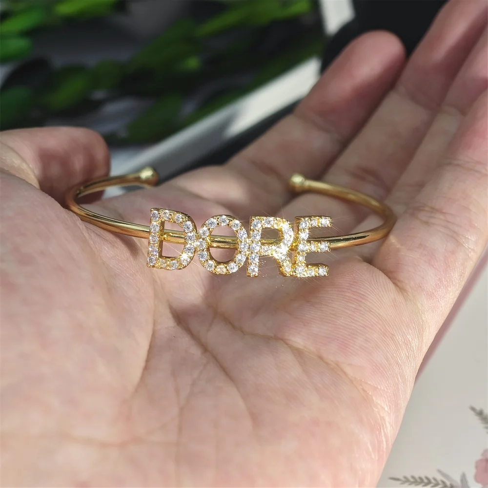 2023 Customize 9mm Letter Name Cuff Bangle Personalize Initial Zircon Letter Charm Bangle For Women Party Jewelry Gifts