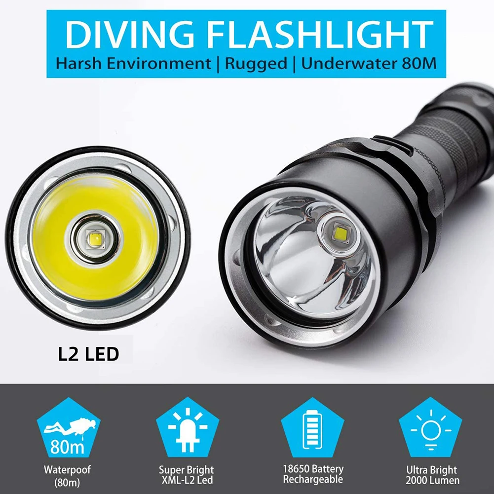 L2 LED Diving Flashlight 1600 Lumens Waterproof IPX8 for Underwater Depths up to 50M Shockproof Design Wrist Strap