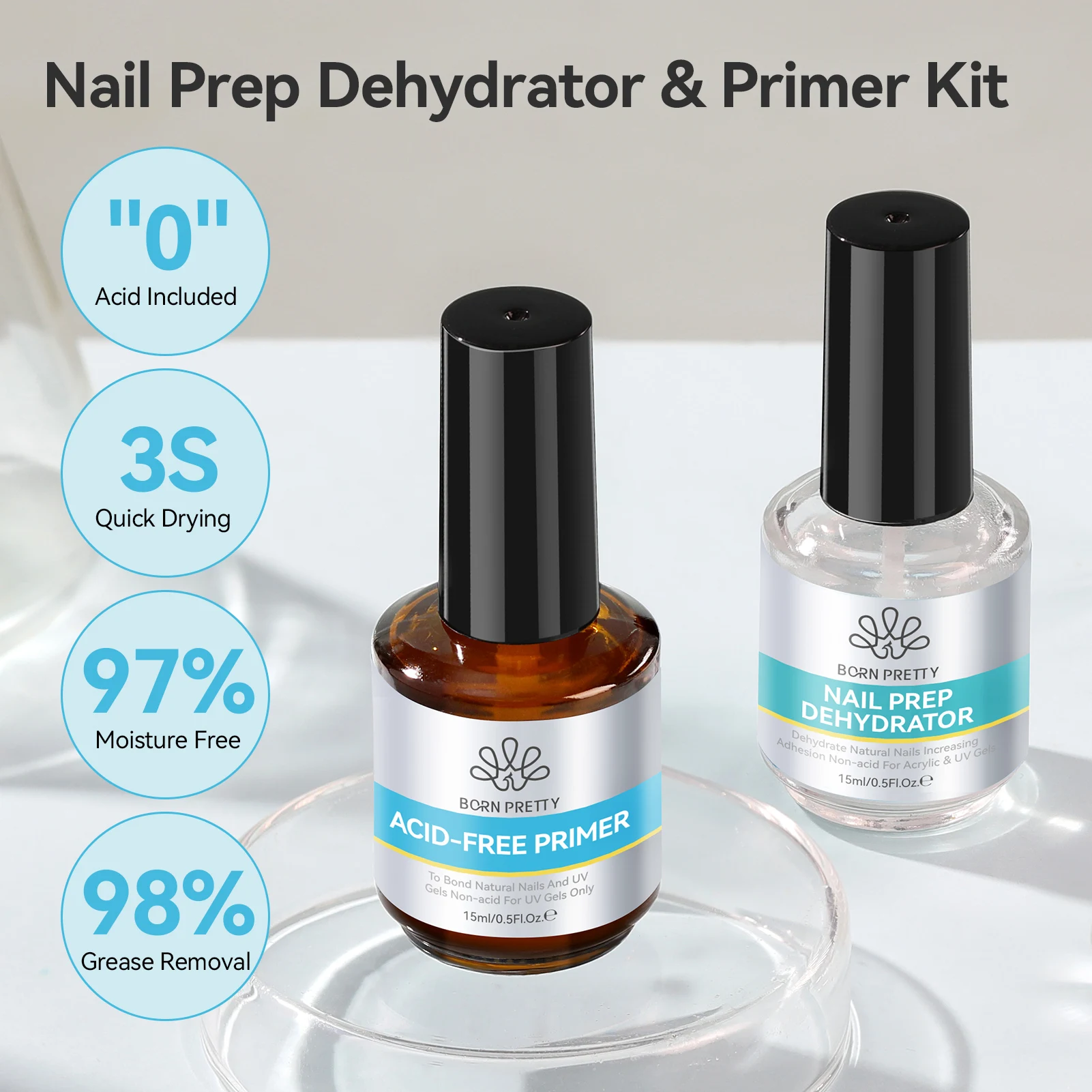 BORN PRETTY 15ml Nail Prep Dehydrator Kit Gel Nail Poish Set Acid Free Nail Natural Nail Prep Dehydrate Air Dry