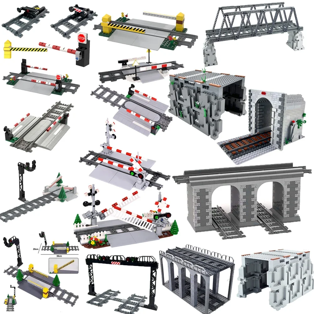 MOC 도시 기차 트랙 브릿지 빌딩 블록, 철도 트랙 기차역 레일, 신호등, 표지판 레버, 벽돌 부품, 모델 장난감