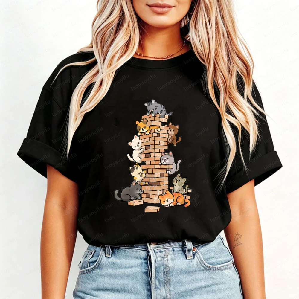 Stacking Block Kitten Cartoon Graphic T Shirt Women Cute Climbing Cat Print Tee Cat Mom Kawaii Daily Tops Casual Cotton Tee