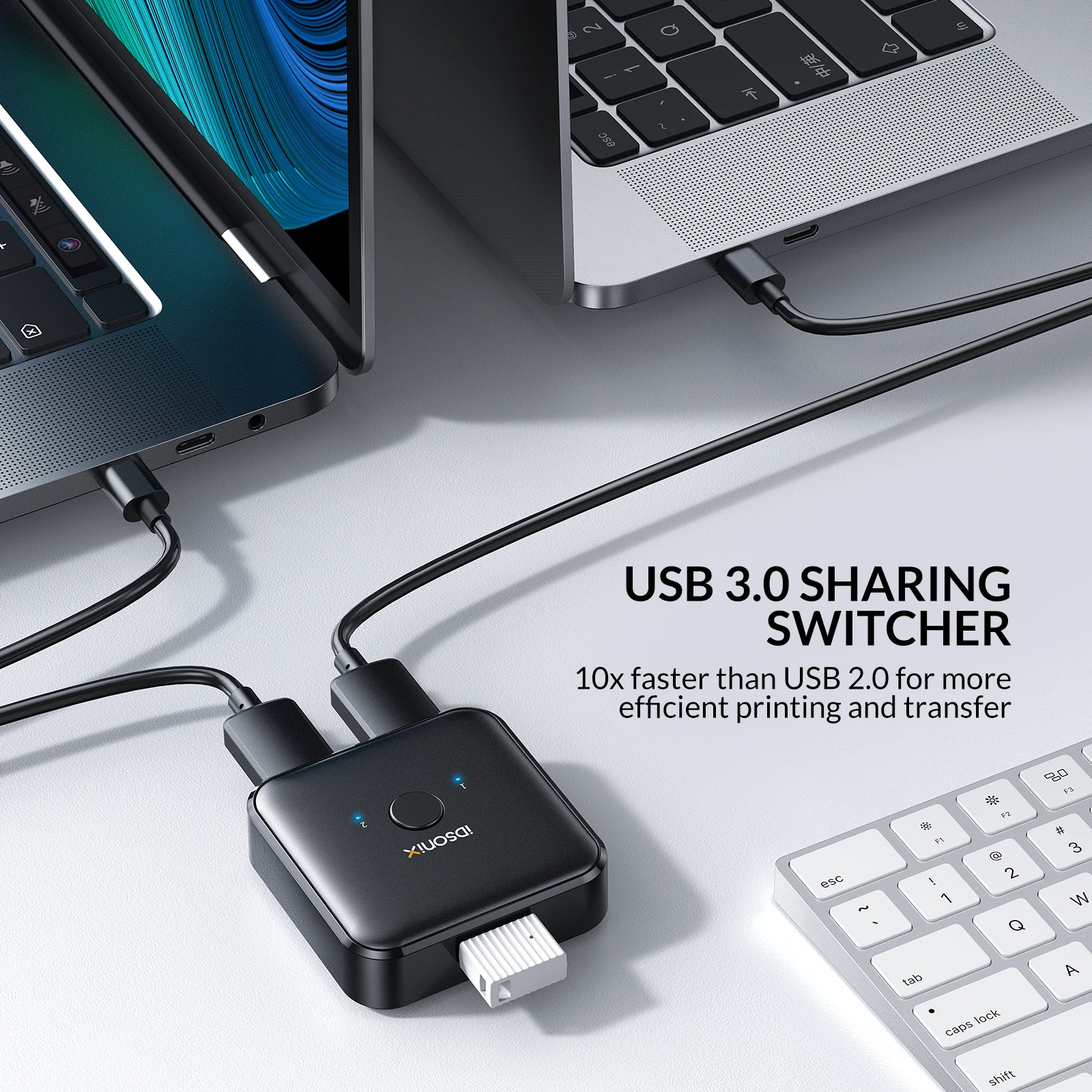 IDsonix USB 3.0 공유 스위처 어댑터, PC 프린터 키보드 마우스용, USB 허브, 2 in 1 출력 스위처, 5Gbps, USB3.0 공유 스위처