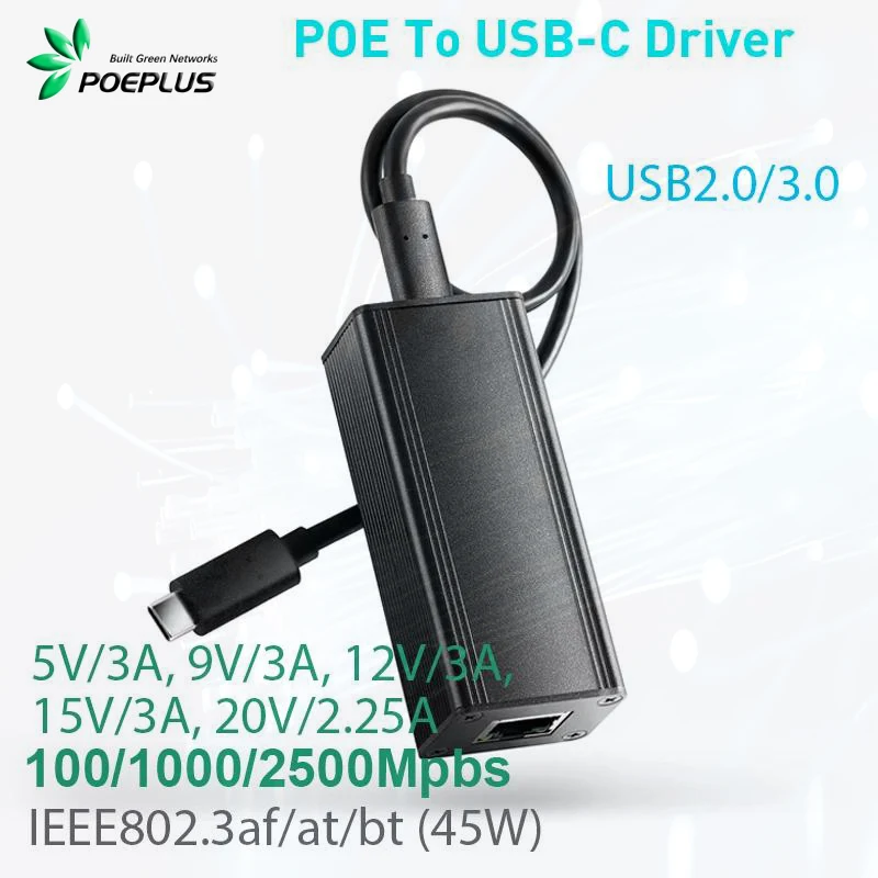 Adaptador convertidor PoE a USB-C de 2,5G y 45W, potencia de salida tipo C y Ethernet 2 en 1, carga máxima de 20V 45W y velocidad de 2,5 Gbps