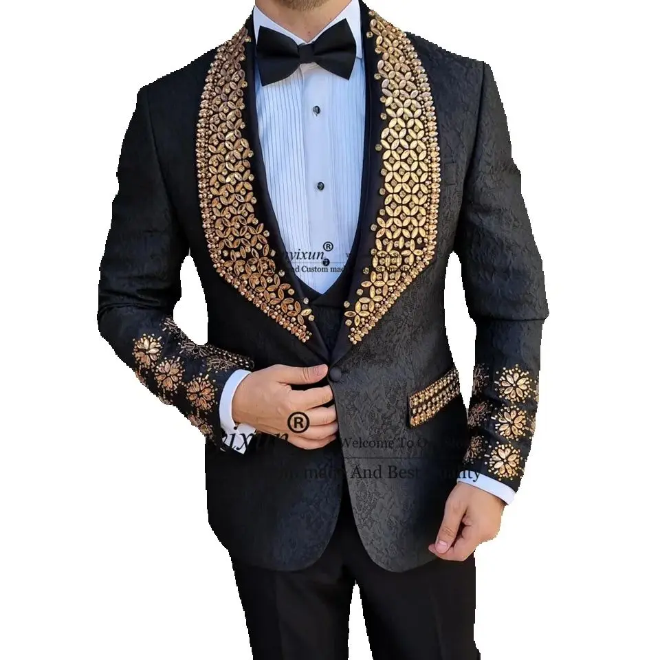 Luxury Gold Rhinestone Men's Suits