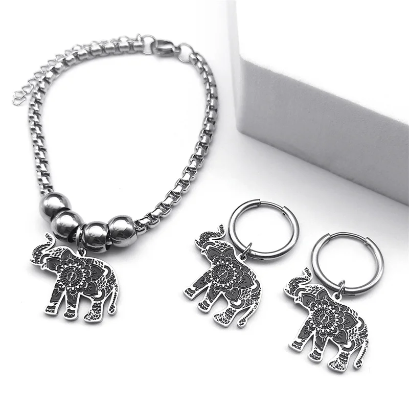 Elephant Enamel Stainless Steel Jewelry Set Women Men Ethnic Animal Necklace Earrings Bracelet Jewelry Gift conjuntos de joyas