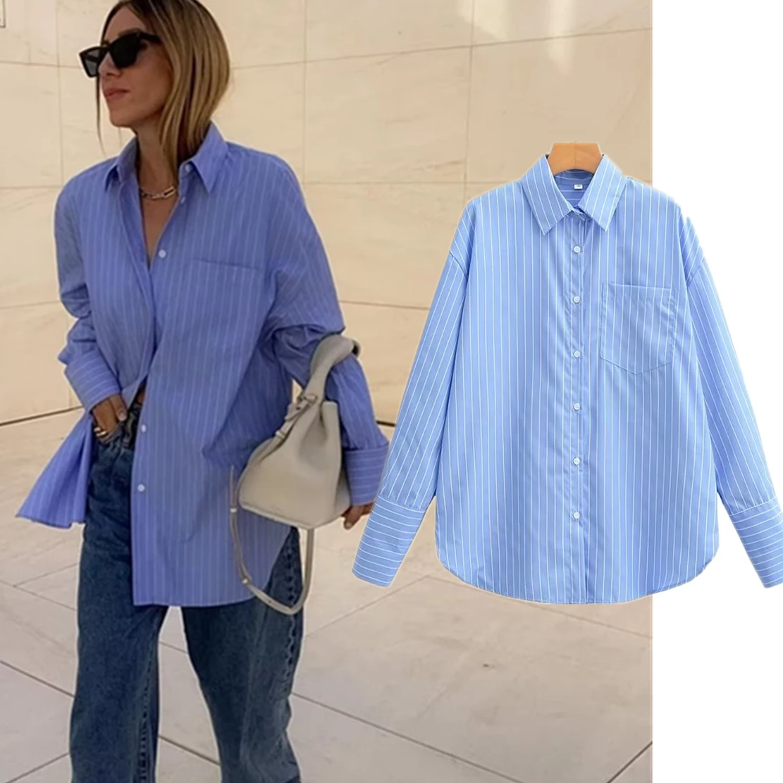 Maxdutti Fashion Blouse Women Blogger Boyfriend Loose Shirt Blue Striped Casual