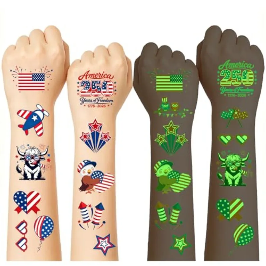 

166 Pcs 4th of July Tattoos for Luminous 4th of July Tattoos Temporary Glow Accessories American Flag Patriotic Tattoo for 250
