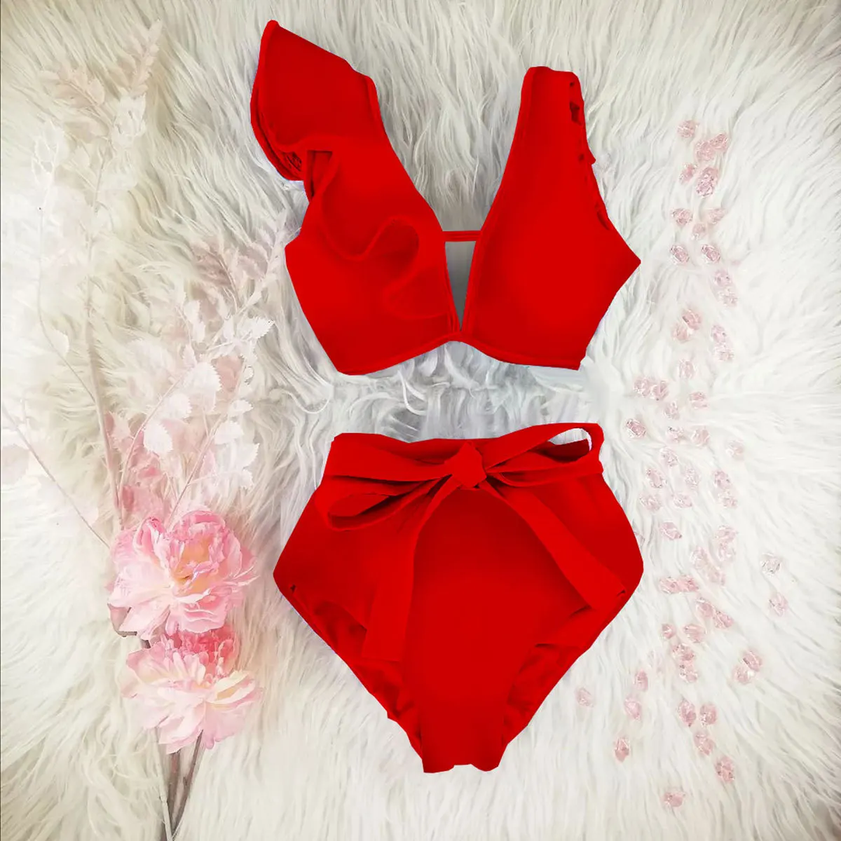 

2024 new bikini solid color deep v high waist tie bikini women's split swimsuit